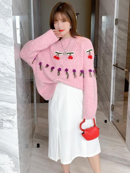 

women's two piece pants stereo hook flower jacquard knitting fashion round collar sweet comfortable sweater couture autumn plus sizes l, White