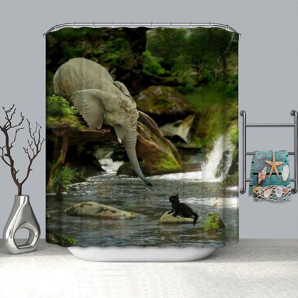 

elephant rescue cat shower curtain nature river waterproof bathroom drop curtains