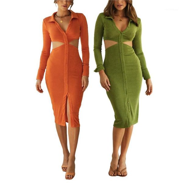 

casual dresses women hollow out midi dress summer 2021 ladies solid color turn-down collar long sleeve slim fit party club, Black;gray