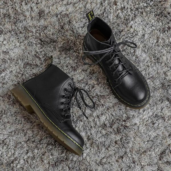 

boots royesic genuine cow leather women 2021 autumn all-match single british style round toe lace-up ankle boot, Black