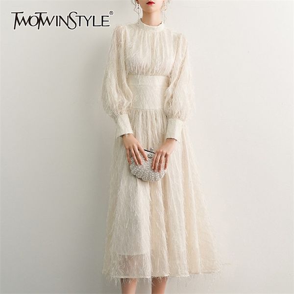 

white elegant tassel dress for women o neck lantern long sleeve high waist dresses female fashion autumn 210520, Black;gray
