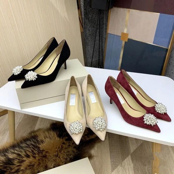 

dress shoes 2021 pearl button single women's fine heel suede frosted medium pointed high heels wedding, Black