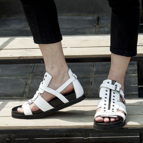 

white black rome beach sandals cow genuine leather flats open toe gladiators fisherman lezy shoes hombre sapatos shoe