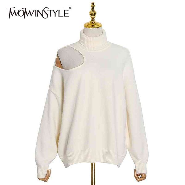 Patchwork Casual Escavado Mulheres Camisola Turtleneck Manga Longa Loose Pullovers Feminino Feminino Moda 210524