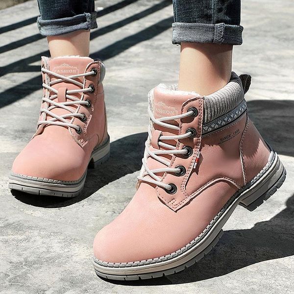 

boots women winter snow fashion leather warm plush outdoor casual british retro ladies pink ankle, Black