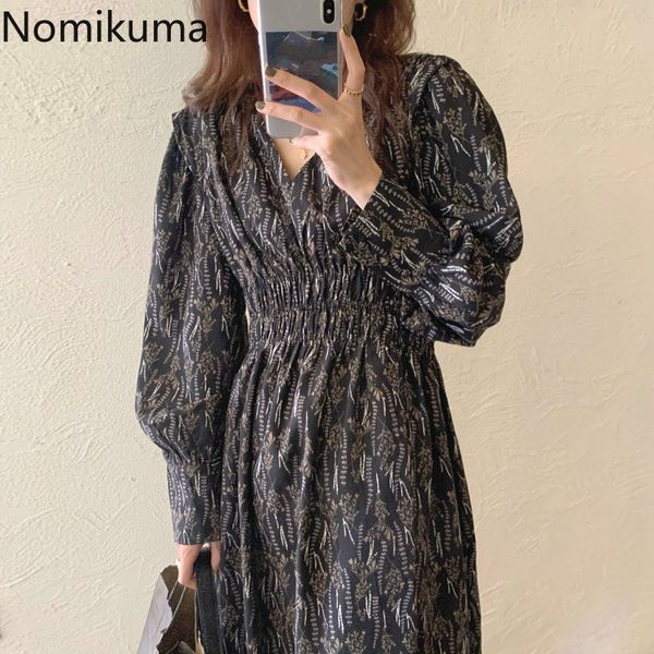 

nomikuma vinatge v-neck floral women dress stretch high waist a-line midi dresses new elegant long sleeve vestidos femme 6d734 210427, Black;gray