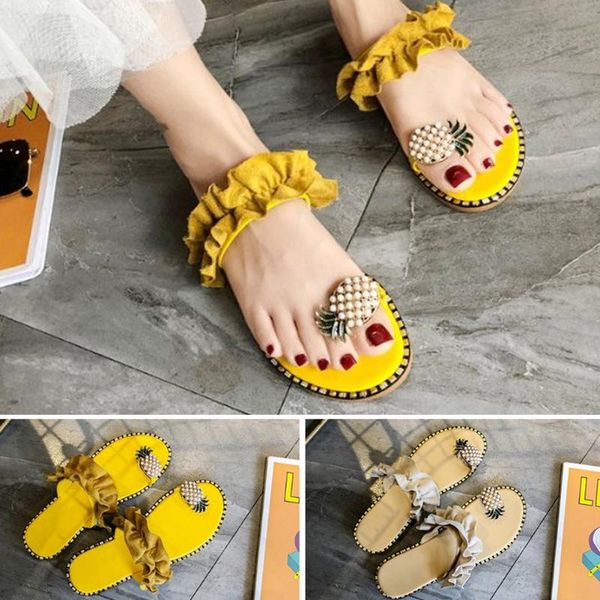 

women flat heel slippers beach sandals fruit pineapple pearl decor summer casual shoes non slip flip flops sandal mujer, Black