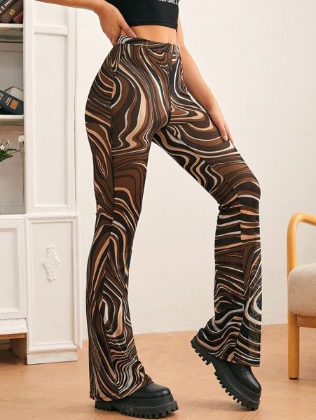 

high waist allover print mesh flare leg pants k3ja#, Black;white