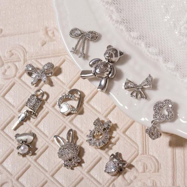 

nail art decorations japanese exquisite small bear key lock bow diamond diy jewelry 3d decoration pendant, Silver;gold
