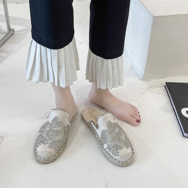 

slippers 2021 crystal butterfly woman espadrilles flats lace flower fishermans shoes weave spiderweb mesh mules slides, Black
