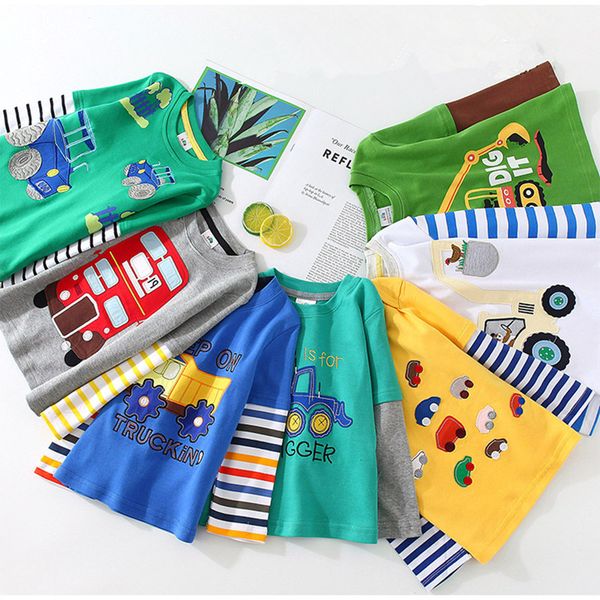 

2021 spring autumn for 2-9 10 years children cotton striped patchwork cartoon car bus truck baby kids boys long sleeve t shirts, White;black