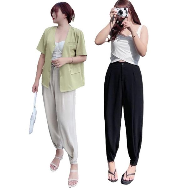 

plus size pants summer 2021 women wide leg ladies clothes drape effect chiffon two ways to wear suit trousers bottoms, Black