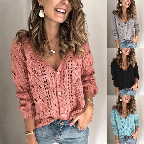 

women's knits & tees fashion women solid color knitwear, winter long sleeve hollow v-neck single-breasted cardigan, White