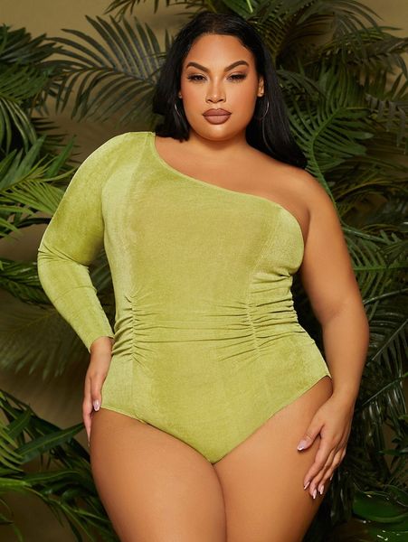 

sxy plus ruched one shoulder bodysuit e1oz#, Black