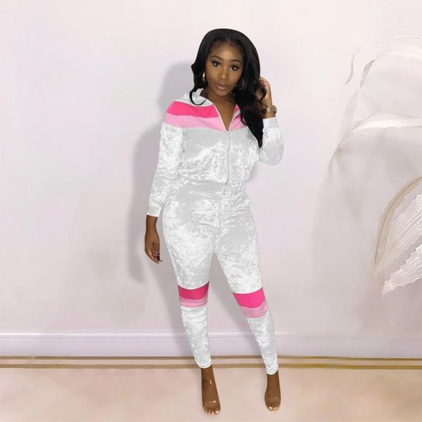 

women's two piece pants color block stitching velver 2 tracksuit casual women zipper front long sleeve jackets and pockets bodycon legg, White