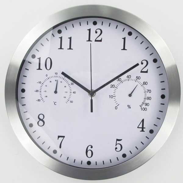 

inch metal simple wall clock with temperature and humidity meter creative living room mute quartz clocks
