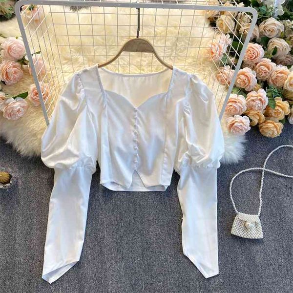 

lady fashion long sleeve slim fit short women's v-neck spring solid color clothes camisas mujer blouse r063 210527, White