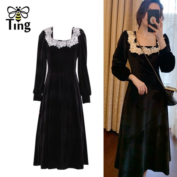 

sweet soft girl vintage square collar flower aplliques black velvet midi dress elegant a line winter vestidos robe 210513, Black;gray