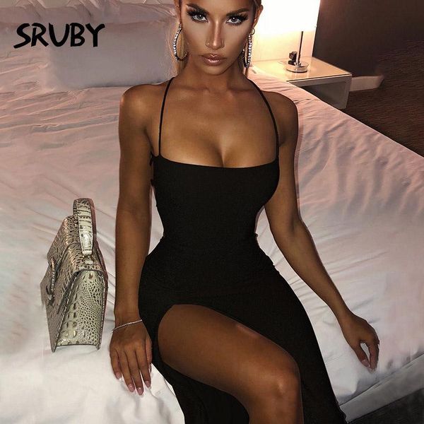 

casual dresses sruby 2021 summer women backless criss cross lace up party night club high split midi dress slim fitness outfits, Black;gray