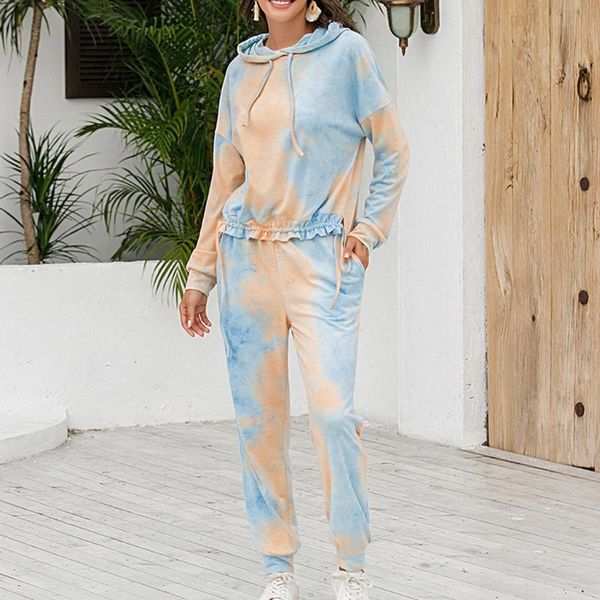 

gym clothing fashion women two piece tracksuit casual loose long sleeve tie-dye printed hooded sweatshirt pants fitness exercise sport set#g, White;black