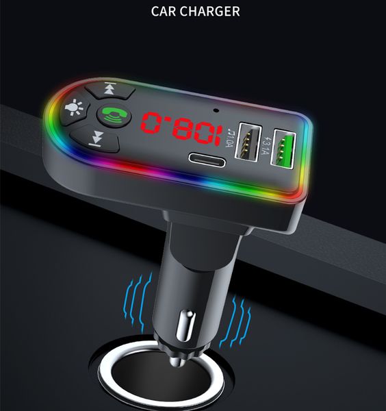 

f7 car bluetooth 5.0 fm transmitter 3.1a usb fast charger wireless handsaudio receiver kit disk tf card mp3 player with pd charger