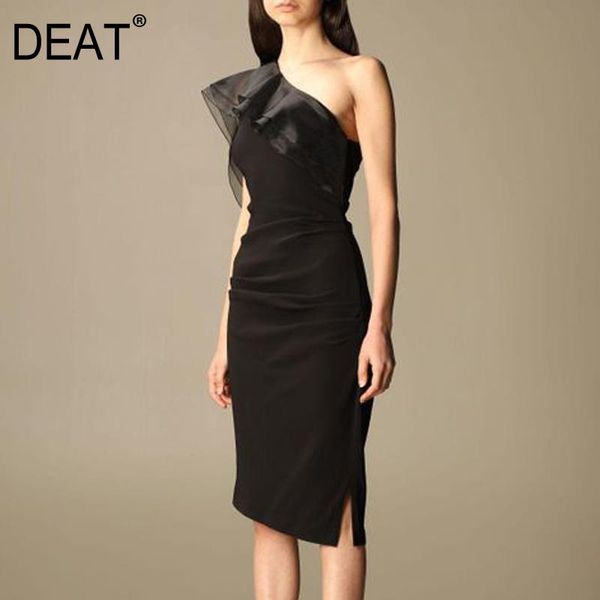 

casual dresses [deat] 2021 summer fashion tide diagonal collar high waist knee-length ruffle sleeveless black elegant dress women 13c788, Black;gray