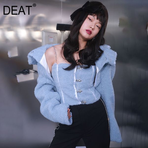

[deat] solid lapel collar two piece suspender vest imitation lamb wool suit mall goth y2k plus size spring gx606 210428, White