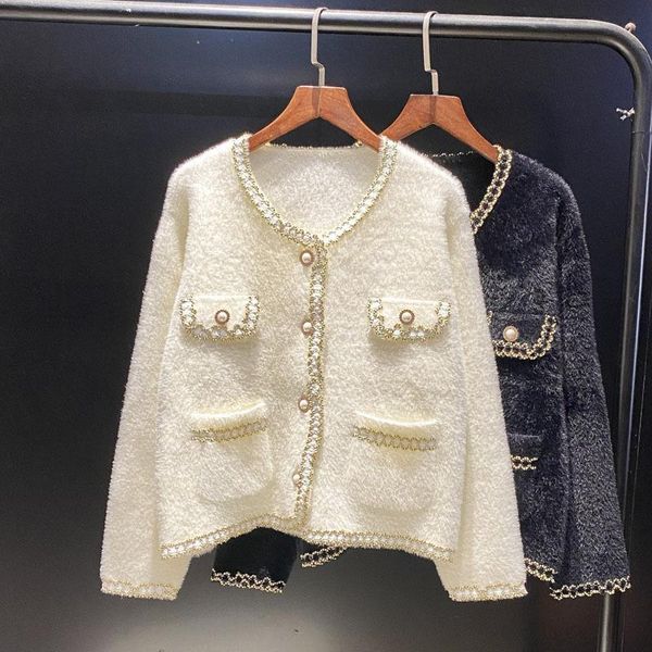 

women's jackets fashion elegant pearls decoration fall cardigan single breasted sweater coat chic pockets office lady autumn, Black;brown