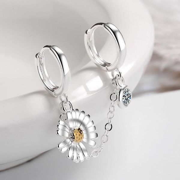 

hoop & huggie kofsac sweet daisy earrings women 925 sterling silver jewelry vintage zircon two ear hole earring lady fashion accessories, Golden;silver