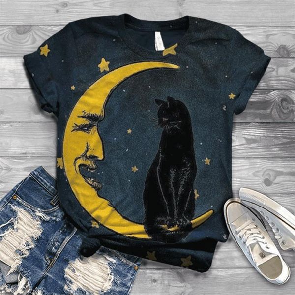 

fashion plus size women sweaters casual classic blouse with short sleeves cartoon cat animals printed o neck tee t, White;black