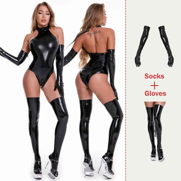 

aiiou faux leather bondage bodysuits sexi teddy lingerie women erotic bodysuit with gloves and socks mistress costumes, Red;black