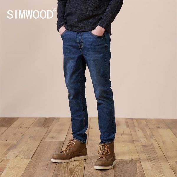

winter fleece lining jeans men slim fit tapered denim trousers plus size brand clothing sj131130 211108, Blue