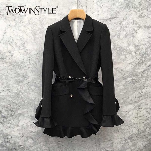 

twotwinstyle black patchwork ruffle womens suit notched long sleeve high waist with sashes blazer female autumn fashion 211019, White;black