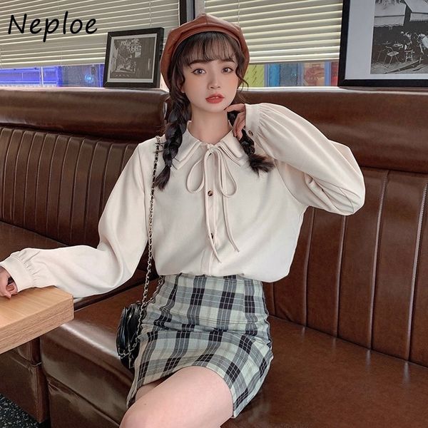 

neploe turn down collar long sleeve single breast blouse women work style ol solid blusas spring loose shirt all match 210510, White