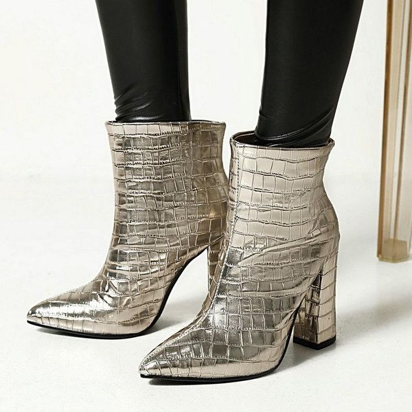 

listed stone pattern pointed toe thick heel women short boots fashion slip on ankle autumn winter women's shoes, Black