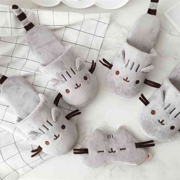 

female furry cat indoor slippers warm faux fur cute cartoon winter home floor shoes woman lovers soft plush house slipper sh468 210805, Black