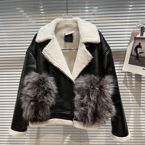 

women's leather & faux 2021 winter large fur-mouth fleece fur integrated jacket coat women, Black