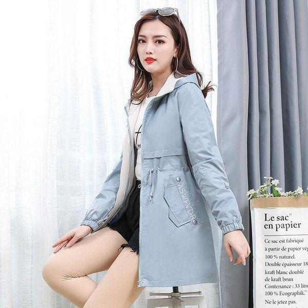 

women's trench coats autumn korean fashion casual slim coat harajuku cute mid-length hooded cardigan windbreaker pure color 2021, Tan;black