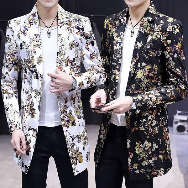 

men's suits & blazers spring and autumn fashion cool mid-length suit men 's korean style slim -fitting flower youth coat, White;black