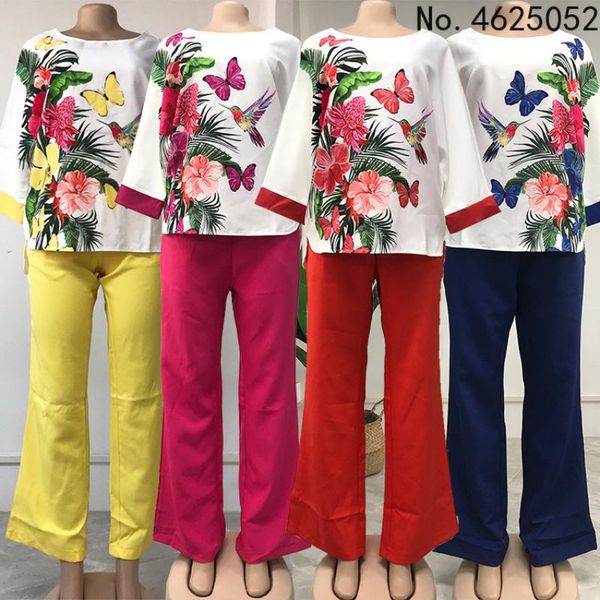 

ethnic clothing african clothes for women summer long sleeve printing polyester two pieces sets and pant, Red