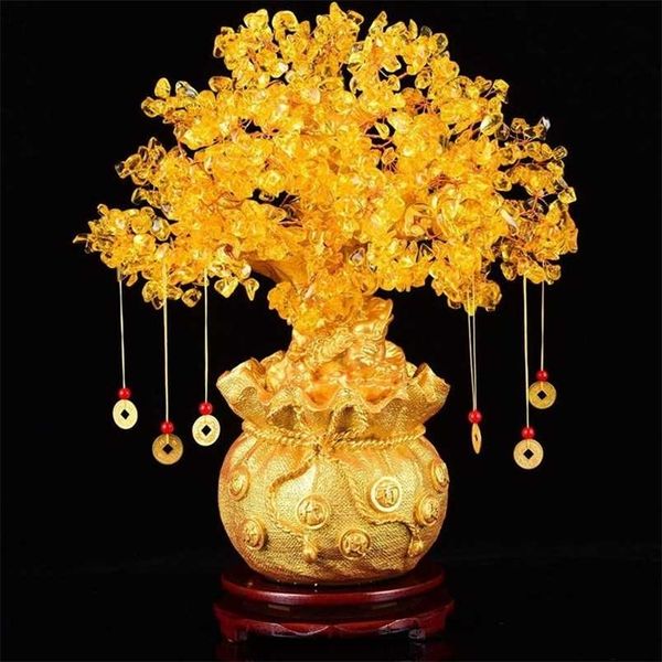 19cm natural árvore de cristal dinheiro enfeites bonsai estilo riqueza sorte feng shui casa decoração (com moedas de ouro e base) 211105
