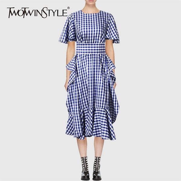 

elegant side split dress for women o neck short sleeve high waist plaid dresses female fashion clothing 210520, Black;gray
