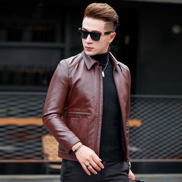 

men's leather & faux mens jacket real genuine sheepskin coat short motorcycle men clothes chaqueta cuero hombre kj4282, Black