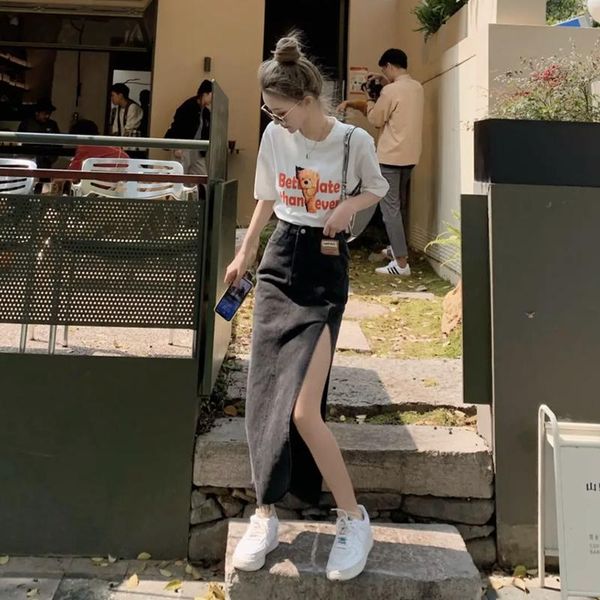 

skirts spring/summer design feeling high waist split jean in female labeling package hip show thin long a-line skirt, Black