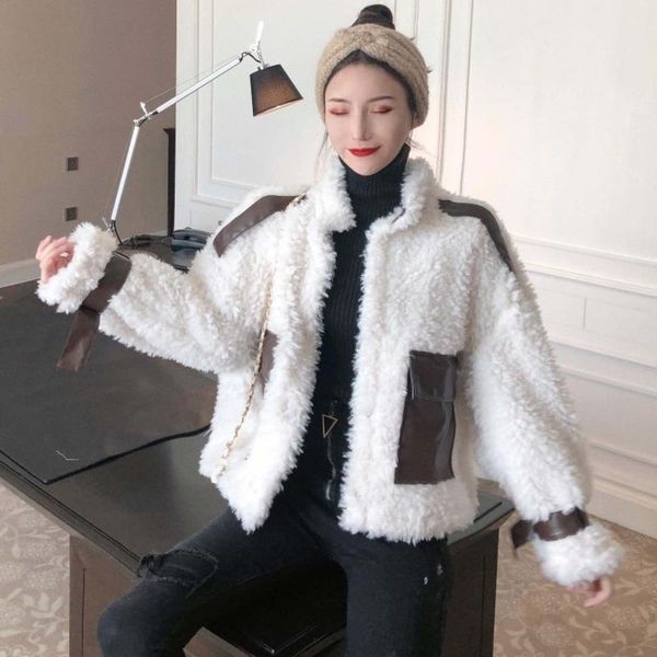 

women's jackets [ewq] 2021 autumn winter stand collar long sleeve imitation lamb wool patchwork zipper vintage cotton coat women 3ak034, Black;brown