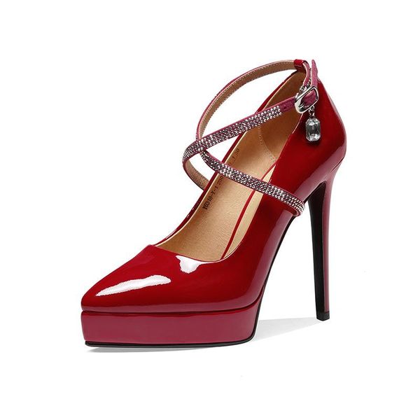 

spring/summer 2021 one-word buckle with waterproof table women's black heels pointed heeled lacquered leather single shoes dress