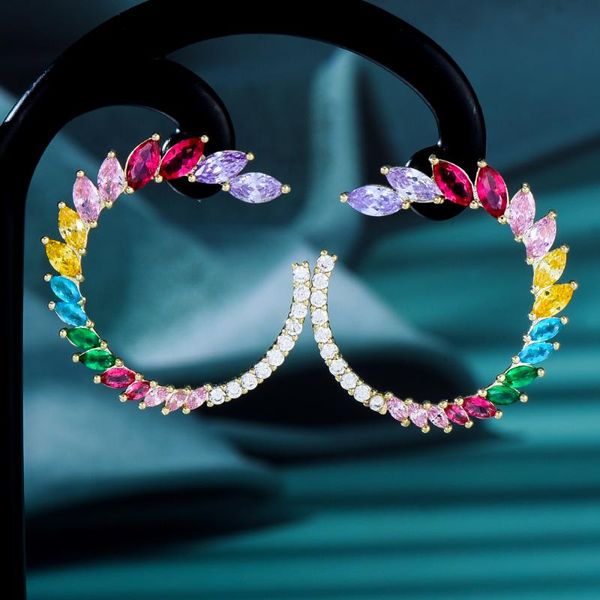 

stud godki 28mm luxury multicolor leaves fashion cubic zirconia women dress engagement party wedding bridal earring summer, Golden;silver