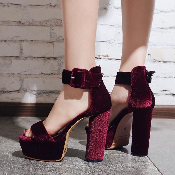 

sandals block high heels velvet women platform open toe summer for woman ankle strap elegant red black party shoes girls1