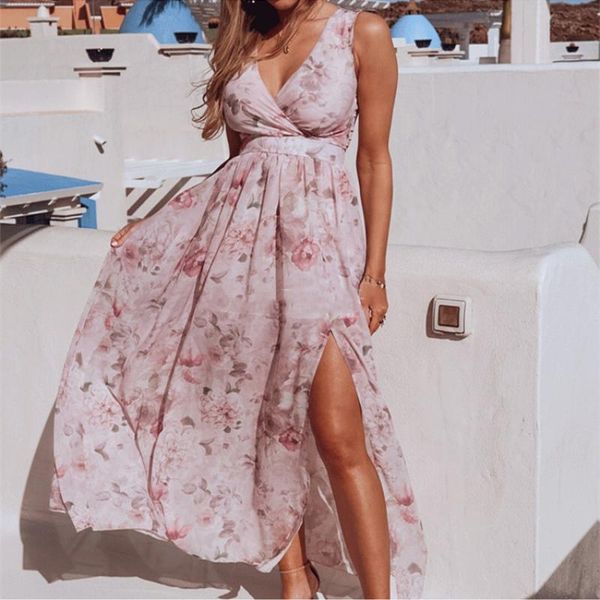 

casual dresses women boho dress deep v-neck floral print side slit summer long ladies high waist elegant party beach, Black;gray