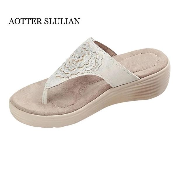 

slippers embroidered summer sandals brand designer paste buckle flip flops elegant flowers beach shoe rome wedge open toe mujer, Black
